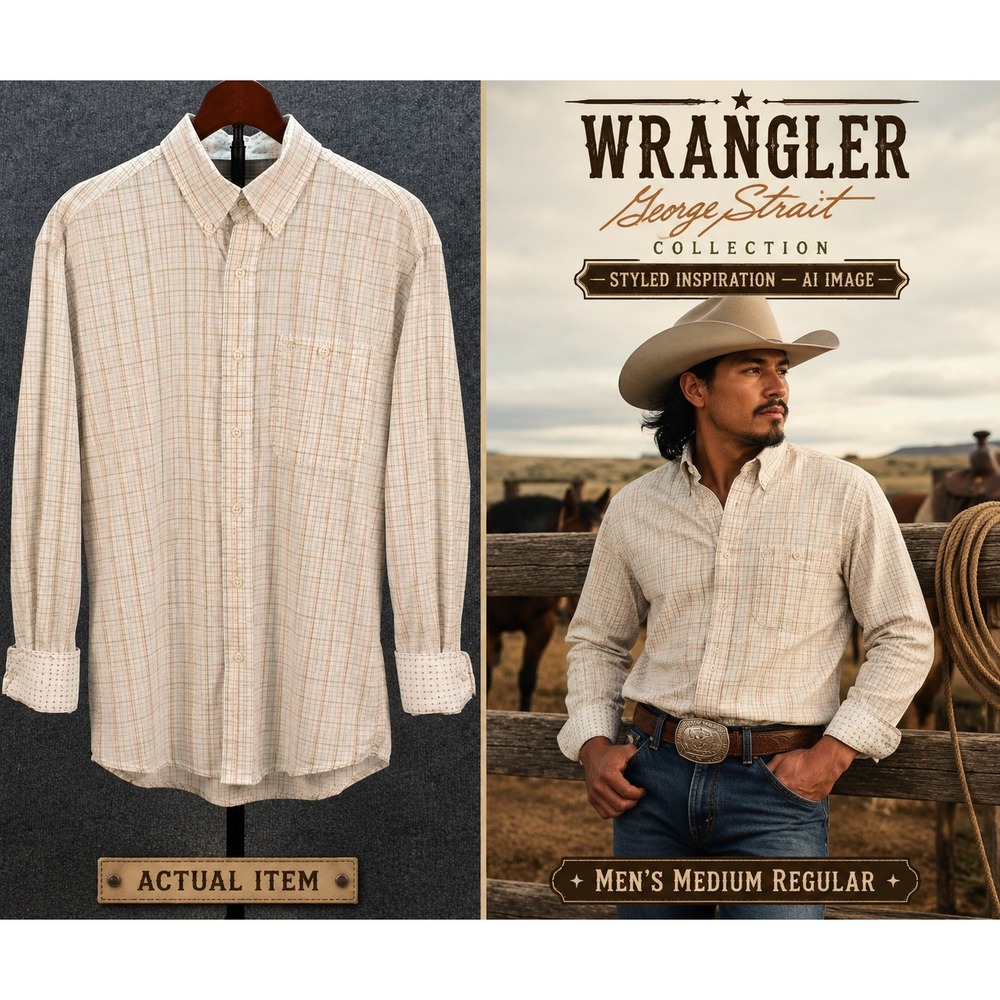 Wrangler George Strait Shirt Mens Plaid Button Down Tan Medium Excellent Western